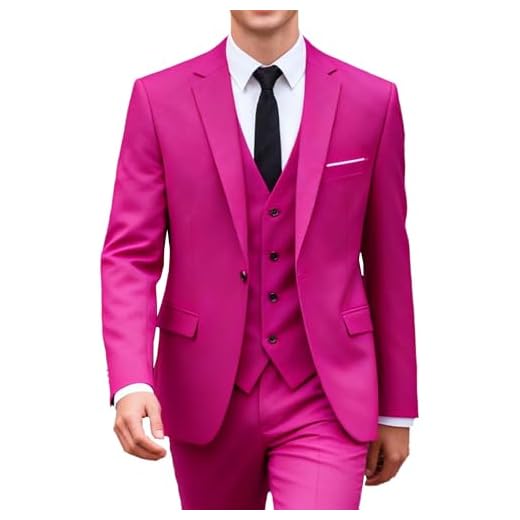 UNINUKOO Men Suits Slim Fit 3 Piece 1 Button Wedding Formal Business Tuxedo Suit Jacket Pants Vest Set US Size XL Pink