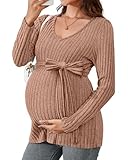 Ficerd Women's Maternity Shirts, Long Sleeve Pregnancy Tops Casual V Neck Brushed Ribbed Knit Tunic Blouses Pregnant Clothes(Khaki,X-Large)