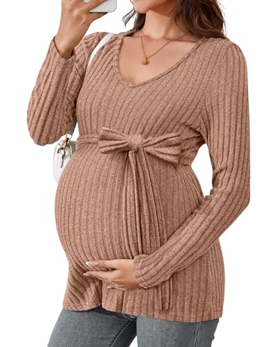 Ficerd Women's Maternity Shirts, Long Sleeve Pregnancy Tops Casual V Neck Brushed Ribbed Knit Tunic Blouses Pregnant Clothes(Khaki,X-Large)