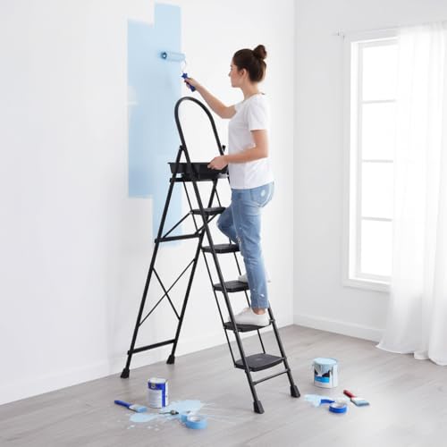 Image of Wakefit Premium 6 Step Foldable Ladder | Wide Anti-Skid Steps | Strong Alloy Steel with X-Support for More Stability | Supports Up to 150 kg |Rust Resistant| Heavy Duty Portable Ladder | Ascenta Black