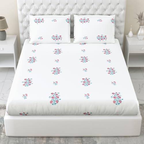 Image of Haus & Kinder Elastic Fitted Double Bed Bedsheet | 100% Combed Cotton 186 TC Bedsheets for Queen Size Bed | 60 X 78 X 10 Inches Elastic Bed Sheet with 2 Pillow Covers - Festive Harmony