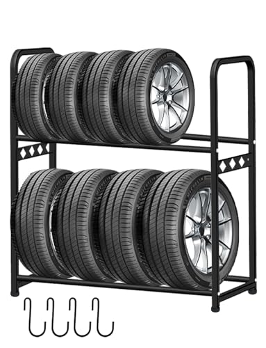 Fe.Takeo タイヤラック タイヤスタンド 8本タイヤ収納【2段式+高さ調整可能】 組立簡単 大型 収納ラック 耐荷重300kg 幅111cm×奥行37cm×高さ110.5cm S字フック4個付属