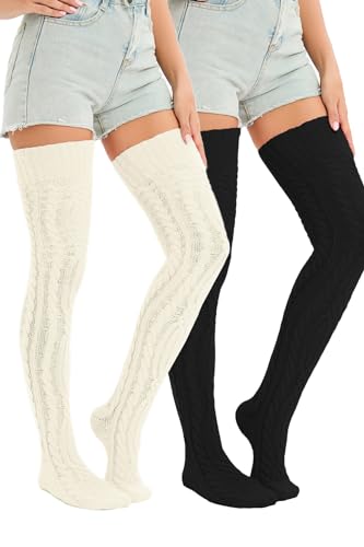 Image of YELAIVP Women's Thigh High Socks Over Knee Cable Knit Boot Stockings Winter Long Warm Leg Warmers