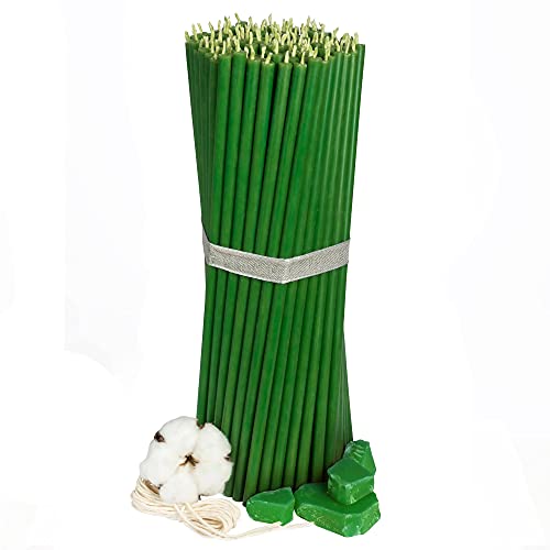 Diveevo ecclesiastical Beeswax Candles - 100 pcs. I Ritual Candles L-10.43 in, Ø-0.28 in I 120 min Burning time in Green I Thin Candles drip- & Smoke-Free