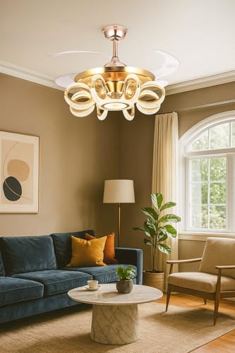 Image of HDC Luxe Orbit Crystal Ring LED Chandelier Fan with Remote Control | Modern Decorative Ceiling Fan with Light for Living Room Bedroom Dining Room Home Decor