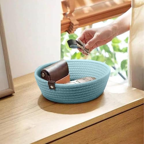 Image of Handmade Jute Cotton Storage Baskets Set of 3 for Dining Table, Fruit Basket & Roti Bowl, Cane Style Organizer for Kitchen, Home Decor, Washable Multipurpose (Aqua)