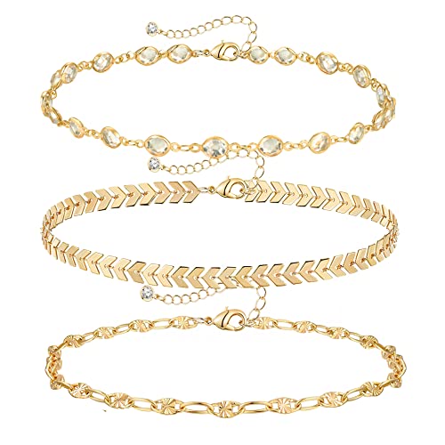 Yanoda 3Pcs Gold Ankle Bracelets For Women Dainty 14K Gold Plated Layering Anklets Set Adjustable Fashion Rhinestone Lace Fishbone Link Chain Ankle Bracelet Adjustable Beach Foot Jewelry Gifts #TOP10
