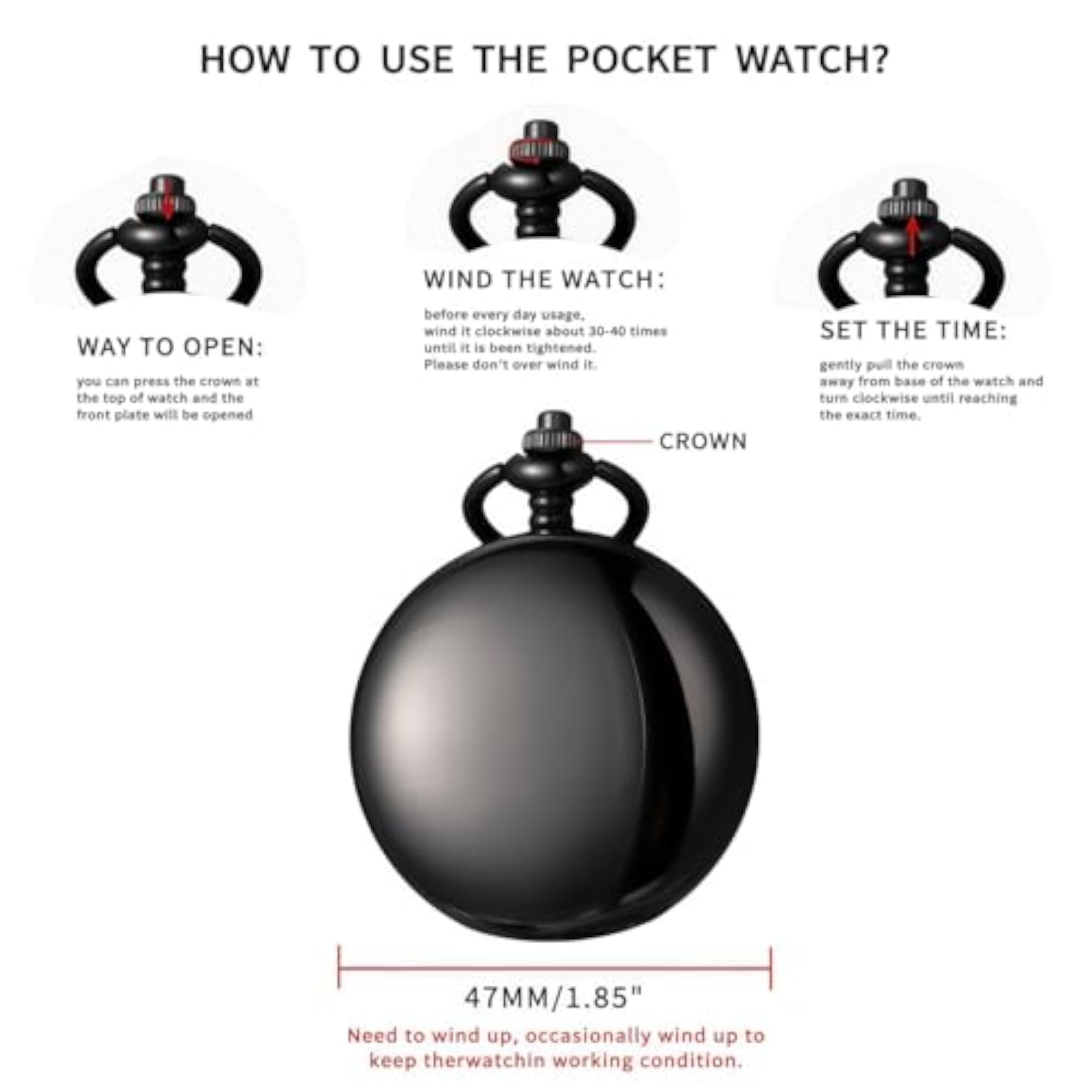 Mechanical Pocket Watch with Chain, Retro Smooth Design