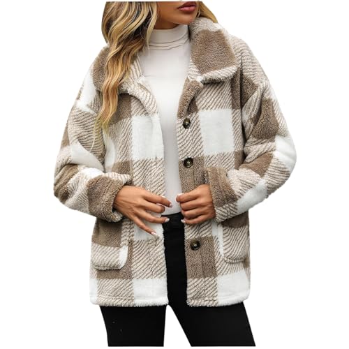 Women Fleece Jackets Casual Plaid Shacket Button Down Jacket Coats Lapel Long Sleeve Coat Outwear with Pockets