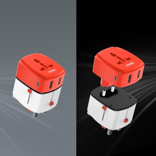 Image of Goldmedal Voltup Universal Travel Adapter with 2 Type-C & 2 Type-A USB Ports | PD Fast Charging Support | Compatible with Multiple Plug Types | Perfect for International Travel | Red & White