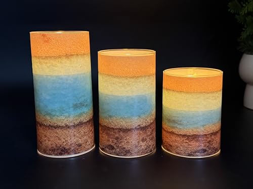 Image of Tujoe 3 Pcs Summer Ocean Flameless Candles Teal Beach LED Battery Pillar Candles Set Battery Operated Coastal Nautical Decorations Flickering Gifts with Remote Decorations for Holiday