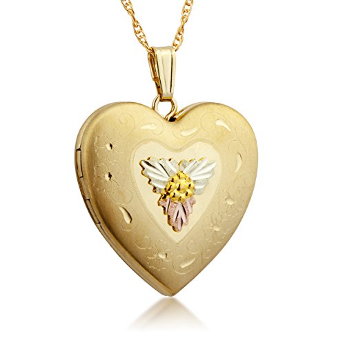 Floral-Etched Heart Locket Necklace, 10k Yellow Gold with Tri-Color Black