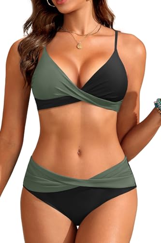 Aqua Eve Women Bikini Set - Two Piece Swimsuit Mid Rise Bathing Suit Push Up Bikini Olive Green M