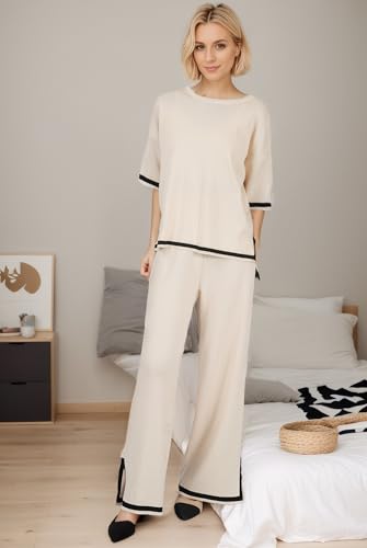 Image of Sweater Set Women 2 Piece Outfit, Beige Lounge Sets for Women with Elastic Waist, Crew Neck, Side Split, Coords Set Women