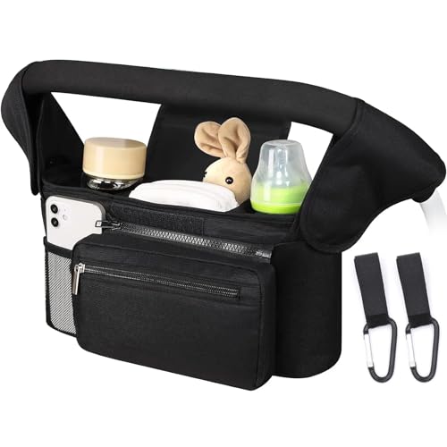 Baby Pushchair Organiser Baby Pram Bag Stroller 2 Insulated Cup Holder Large Capacity Detachable Zippered Pocket Adjustable Shoulder Strap & Non-Slip Hooks - Fits Any Pram Handlebar (Black)
