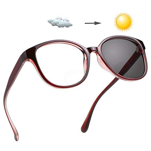 LifeArt Bifocal Reading Glasses,Transition Photochromic Dark Grey Sunglasses,Oval Frame, Dual-use for Outdoor UV Protection,Computer Reading Glasses, Reduce Glare(Clear Red, 1.75 Magnification)