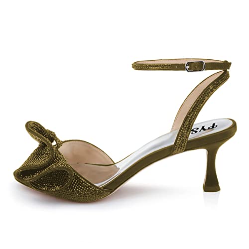 FYS Women Cute Rhinestones Bow Peep Toe Low Kitten Heel Ankle Strap Sandals Satin Dress Pumps Wedding Banquet Ladies Shoes Size 4-15 US2
