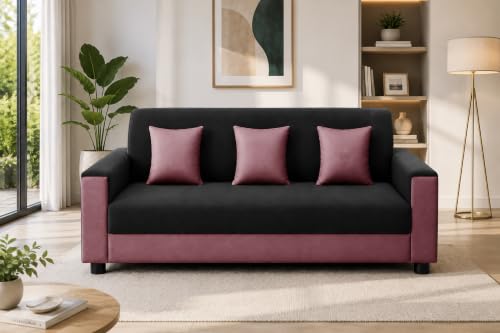 Image of 3 Seater Wooden Sofa | Velvet Fabric Couch with Cushions | Comfortable Living Room Sofa | Sturdy Wooden Frame | Home & Office Furniture | Black & Rose Pink