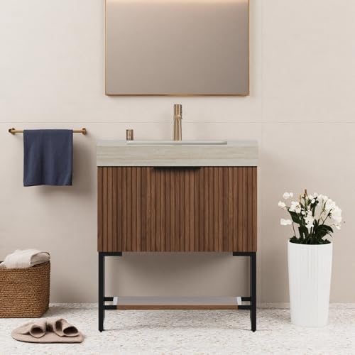 Image of 30 inch Freestanding Bathroom Vanity with Sink, Bathroom Vanity with Sintered Stone Top & Undermount Ceramic Basin, Pre-Assembled Striped Bathroom Storage Cabinet with Drawer & Open Shelf, Walnut