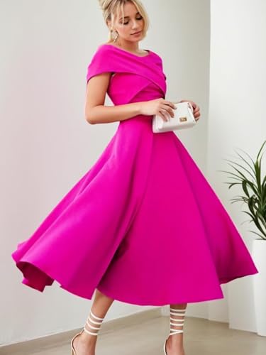 Womens Satin Off The Shoulder Evening Dress Tea Length Prom Dresses for Women A Line Midi Wedding Guest Dress3