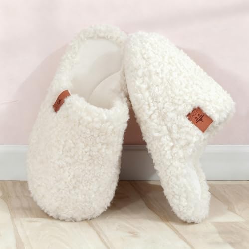 Image of Womens Fuzzy Slippers Wide Width Ladies Arch Support Memory Foam Slippers Warm Comfy faux fur Slip On Indoor House Shoes