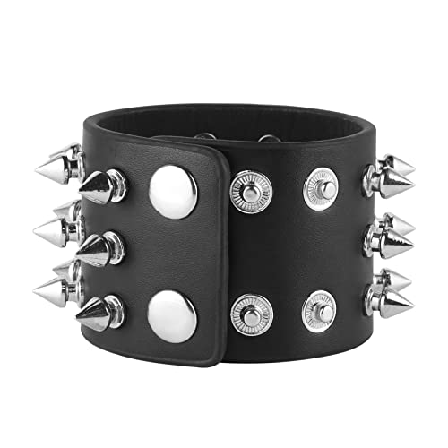 HZMAN Unisex Black Metal Spike Studded Punk Rock Biker Wide Strap Leather Bracelet4