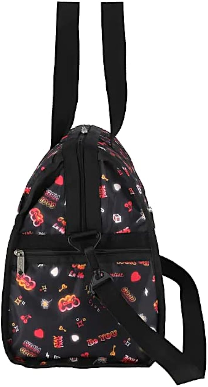 review LeSportsac Stay True Deluxe Large Weekender Crossbody Bag, Style 4319/Color E481, Empowering Pop Art Style Words w Tie-Dye Effect: Be You, Stay True, Shine, Self Love Club + Colorful Hearts