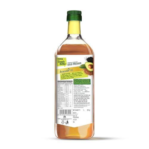 Image of Tata Simply Better Avocado+ Blended Oil for Indian Cooking, Premium & Unrefined, 1L, Cold Pressed, Hexane Free, Blend of Avocado, Sesame & Flaxseed Oil, Rich in Omega-3 & ALA, Supports Normal Heart & Brain Health