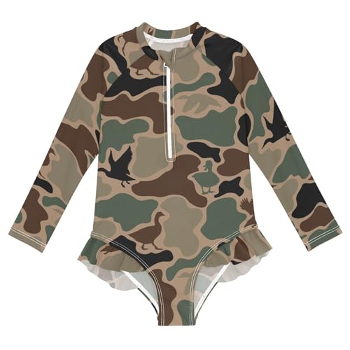 QUGRL Girls One Piece Swimsuit Green Duck Camouflage Long Sleeve Bathing Suit for Girls Toddler Kids Zipper Front Swimsuit Beach Sport Size 4T