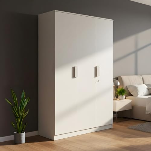 Nilkamal Joyce 3 Door Wooden Wardrobe for Bedroom | Almirah with 8 Shelves & 1 Hanging Rod | Clothes Cupboard | Engineered Wood | Frosty White