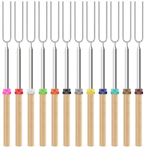Marshmallow Roasting Sticks Wooden Handle Set of 12 Smores Skewers Telescoping Forks 32 inch Telescoping Smores Skewers for Campfire, Firepit, and Sausage BBQ with Portable Bag & 20 Bamboo Skewers