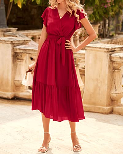 Image of BTFBM Women Summer Bohemian Floral Casual Wrap V Neck Ruffle Cap Sleeveless Belt A-Line Pleated Hem Midi Sun Dress White