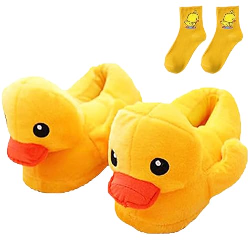 Duck Slippers Rubber Duck Slippers Yellow Duck Slippers Fuzzy Duck Slippers Cute Plush Warm Slippers Non-Slip Animal Slippers Shoes for Women Men (6-8 Women/5-7 Men, B)