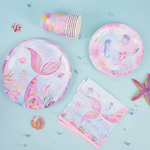 Wernnsai WR-MERMAID PARTY SUPPLIES SET-C003-CA Watercolor Mermaid Party Supplies - 64 Pcs Mermaid Birthday Party Tableware Set For Girls Birthday Party Baby Shower Paper Plates Cups Napkins Serves 16 Guests thumb #2
