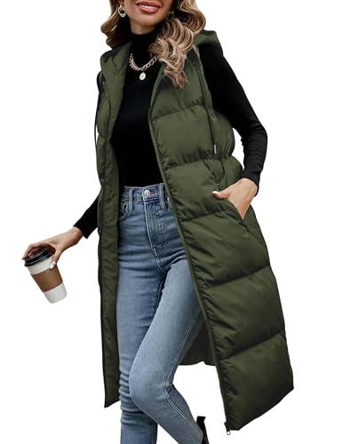 Lingswallow Long Puffer Vest Women Quilted Hooded Vests Outerwear Sleeveless Zip Up Coat Jackets With Pockets