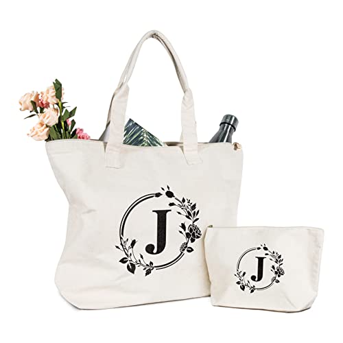 TOPDesign Initial Canvas Tote Bag, Personalized Present Bag, Suitable for Wedding, Birthday, Beach, Holiday, is a Great Gift for Women, Mom, Teachers, Friends, Bridesmaids (Letter J)