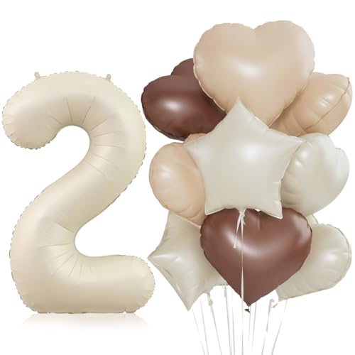 Beige Luftballon 2.Geburtstag,Cremeweiß 2. Geburtstag Ballon Deko,XXL 40 Zoll luftballon 2.，Beige Aprikose Braun Herz Stern Folienballons，für 2 Jahre Geburtstagsdeko Jubiläum Party Dekoration