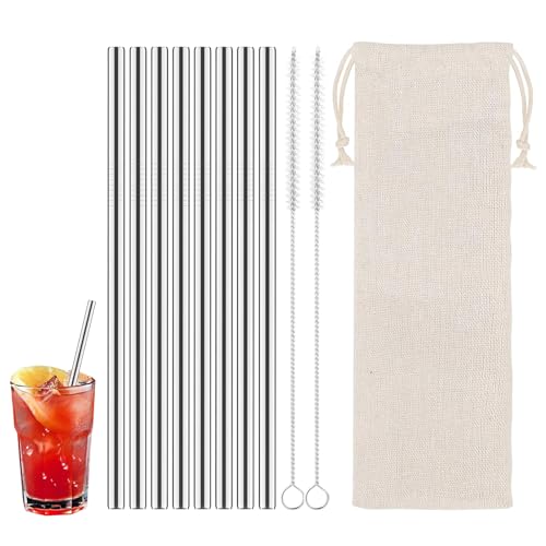 Stainless Steel Straws Set, 8 Pack Reusable Straight Metal Straws with 2 Cleaning Brushes & 1 Cotton Pouch, Mirror Polished 304 Stainless Steel Drinking Straws for Smoothie Coffee Tea Juice