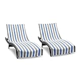 Arkwright Cabo Chaise Lounge Cover Towel with Pocket - Pack of 2 - Striped 100% Cotton Cabana Cover for Beach Pool Outdoor Chairs, 30 x 85 in, Cornflower Blue/Grey