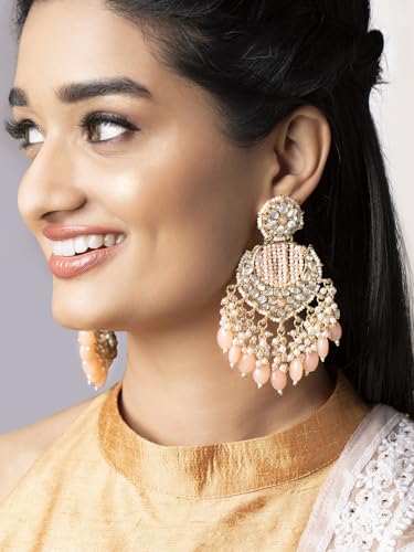Image of Rubans Chandbali Earrings Kundan Pearl Beads Traditional Wedding Jewellery for Women & Girls