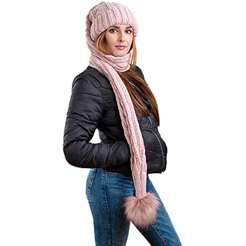 Birendy XXL beanie AA hat, pointed hat including scarf, bobble hat, winter hat with large faux fur bobble extra long lined with soft fleece - Pink - One size Cover