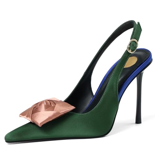 Image of Satin Slingback Pumps Women Floral Knot Pointed Toe Stiletto Heels