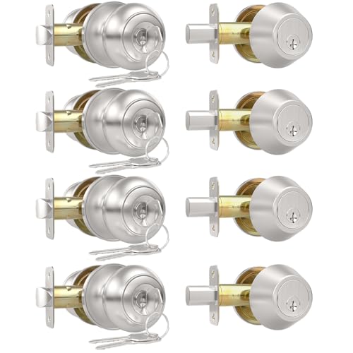 AEEKEL Exterior Door Knob with Lock and Key 4 Pack Keyed Alike Entry Door Knob for Front Door Lock Set Brushed Nickel Bedroom Door Knobs with Lock and Single Cylinder Deadbolt Set
