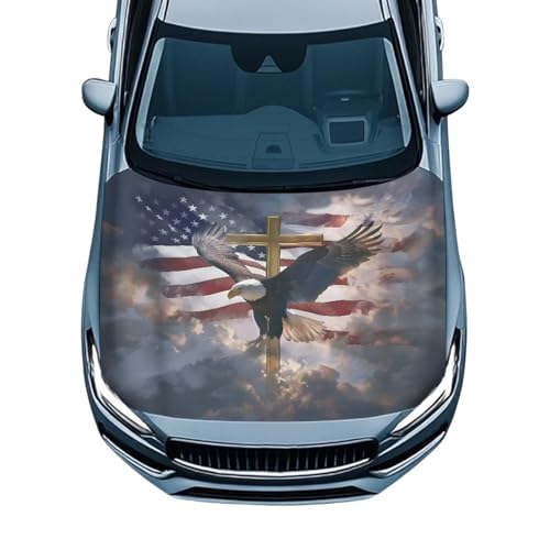 Image of Car Hood Cover Stretchable Eagle and American Flag Car Hood Wrap Blankets Vehicles Banner Auto Decorations for Compact Sedans SUV Trucks (59x39 Inch)
