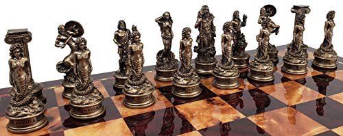 Greek Mythology Olympus Gods Zeus Vs Poseidon Pewter And Bronze Color Chess Set With 17" High Gloss Cherry & Burlwood Color Storage Board #TOP4