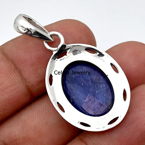 Celcia Jewelry Solid 925 Sterling Silver Pendant For Men Women, Natural Blue Sapphire Faceted Oval Gemstone Unique Handcrafted September Birthstone Pendant thumb #3