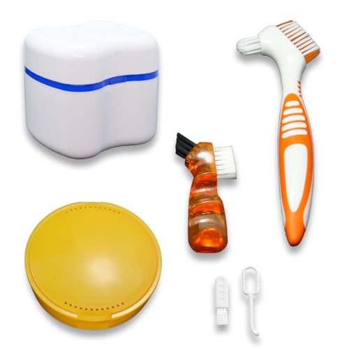 Juego de caja de retención para dentaduras postizas con 2 herramientas de extracción de alineadores, kit de limpieza de dentaduras dentales con espejo, cepillo de limpieza de prótesis para viajes