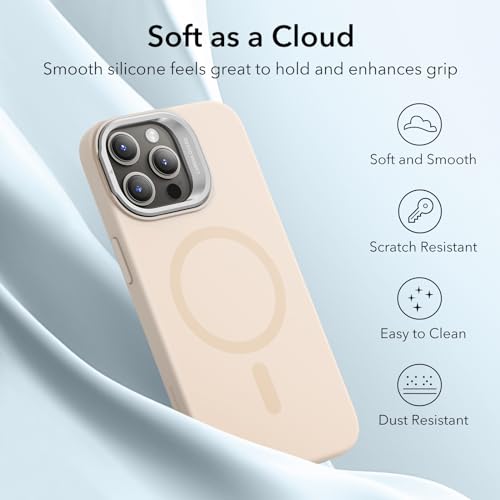 Image of ESR MagSafe Silicone Case with Built-in Stand for iPhone 15 Pro Max - Military-Grade Protection, Camera Stash and Magnetic Phone Case, Cloud Series, Light Tan