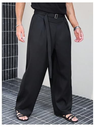 GORGLITTER Men's Baggy Dress Pants Wide Leg Pleated Trousers Belted Chino Pants with Pockets2