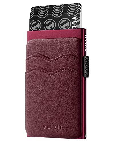 Image of VULKIT Credit Card Holder Minimalist Slim Pop Up Wallet with Leather Slots RFID Blocking for Men and Women Holds 7 Cards and Notes Wine